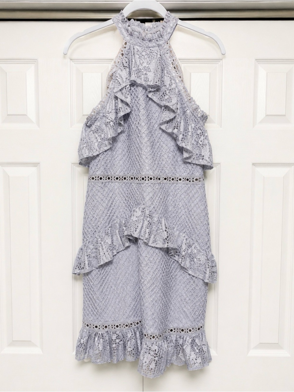 True Decadence Gray Jacquard Ruffle Mini Dress Size 10 Wedding Guest - Picture 2 of 5